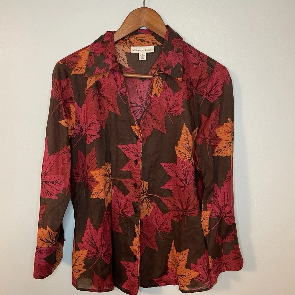 Coldwater Creek Button Top Blouse Size M Fall Brown Red‎ Orange Leaf - Picture 2 of 6
